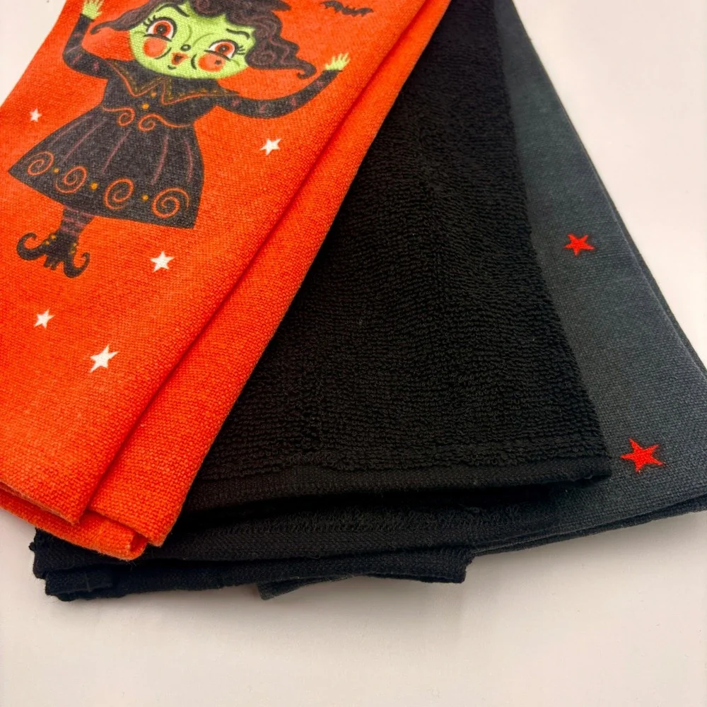 Johanna Parker Halloween Kitchen Towels Set of 3 Witch Ghost Orange Black 18x28